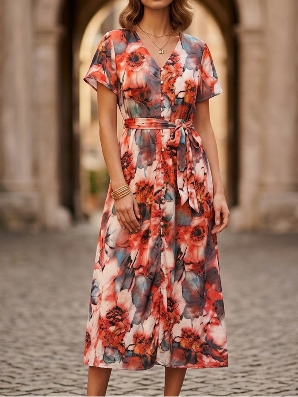 Active USA Floral‎ Watercolor Midi Dress Coral Blue V-Neck Button Front Medium